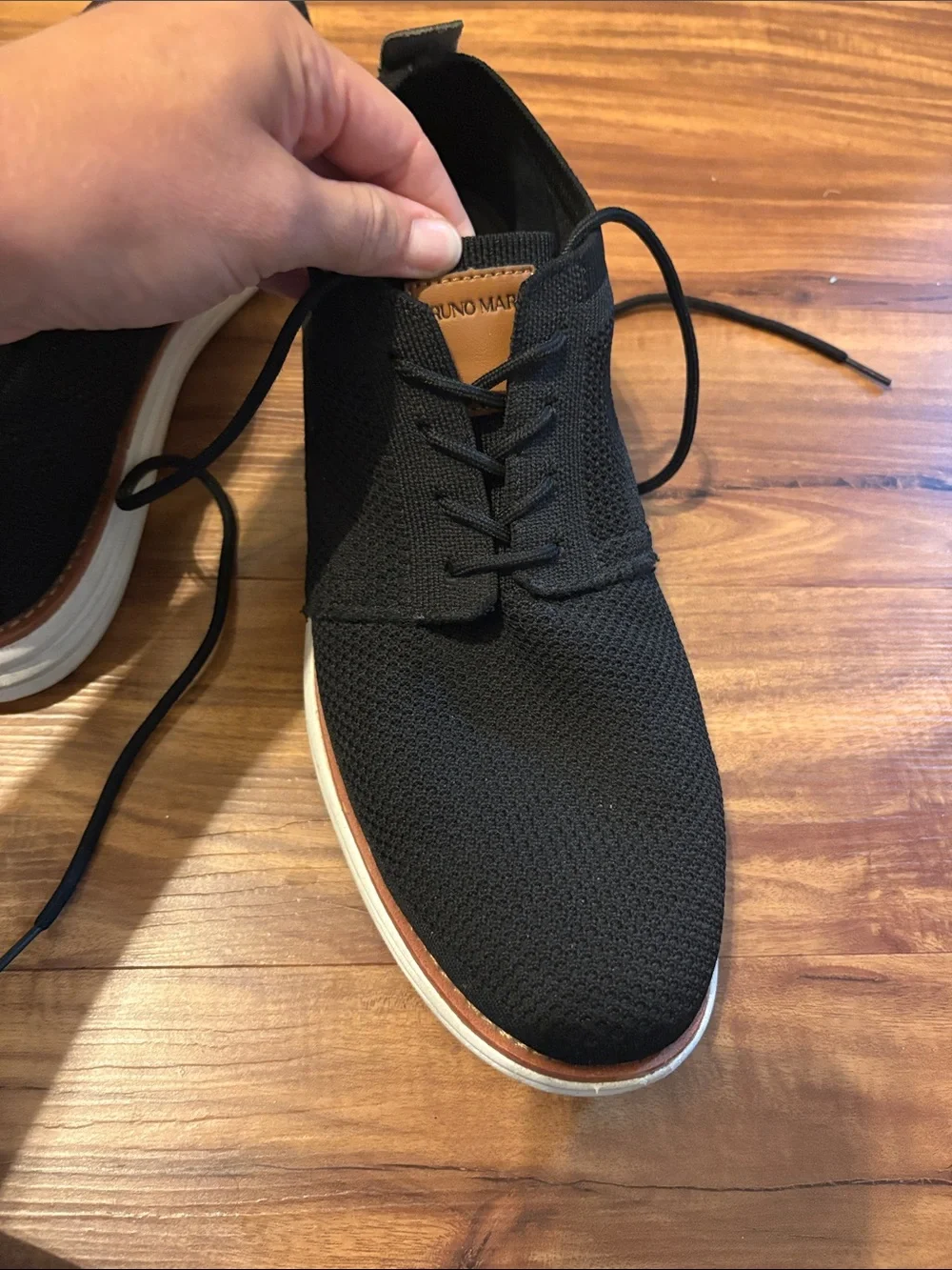 Men's Black Knit Derby with White Sole and Brown Trim